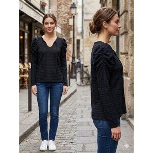 NWT* LOFT Black Striped Knit 100% Cotton Scoop Neck Ruched Sleeve Blouse Women S